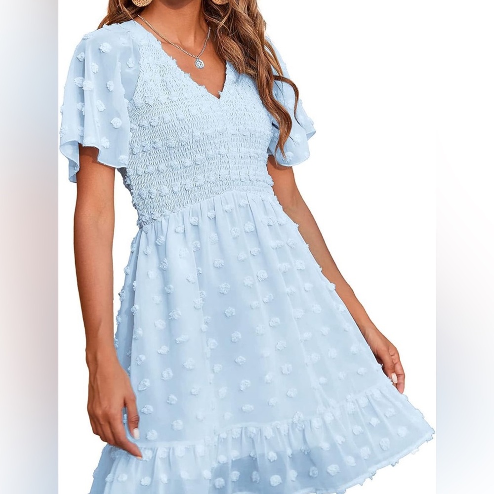 V Neck Smocked Short Sleeve Dress Swiss Dot Swing Flowy Ruffle Hem
